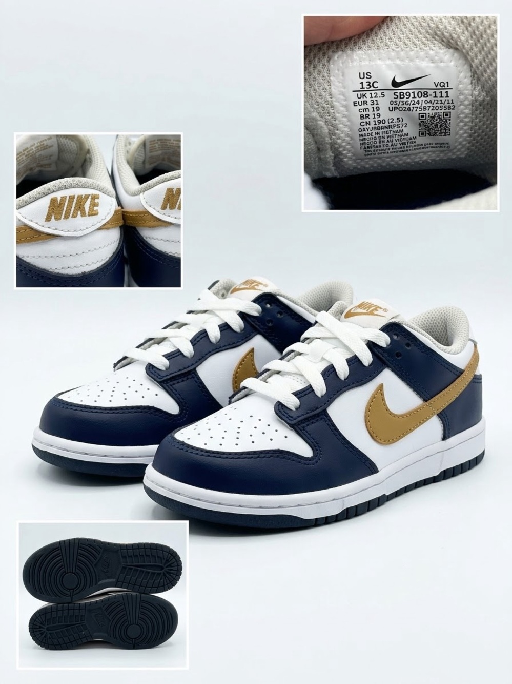 Nike Kids Dunk Low Sneakers in White, Navy & Gold